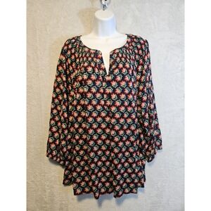 Croft & Barrow Smocked Top Tunic Plus 3X Blue Floral Boho 3/4 Balloon Sleeve EUC